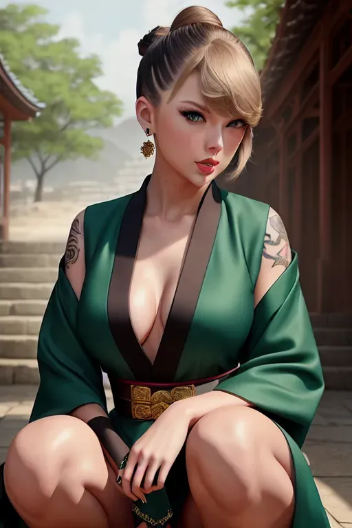 a illustration of,taylor swift,wearing hanbok,squatting,outdoor,small breasts,five slender fingers,undercut hair,charming face,beautiful lips,green eyes,curved eyebrows,curved eyelid,textured skin,romantic,tattoo,professional,8k,highly detailed,cinematic lighting,sharp focus