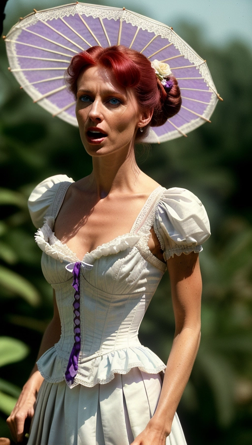 a skinny beautiful female wearing a purple victorian bodice with puffy pink sleeves trimmed in white lace. Her skirt is white and short and full with a simple green and purple flower pattern. Her hair is red and in a bun hairstyle with some hair hanging down loose. She is holding a pink parasol over her shoulder and stands barefoot on a tightrope looking straight at the viewer with a dazed look in her blue eyes. A hungry alligator waits below her with an open mouth. realistic 35mm film.