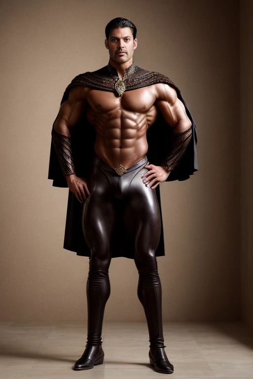 A professional photograph of a tall and very muscular latino prince standing in a relaxed pose
model has dark hair and dark bronze skin
model has a bodybuilder physique
model is wearing black leather long pants and black medieval nobleman attire
model is wearing an elaborate cape
background is an arabian castle interior
<lora:dpmg_add_detail:1>