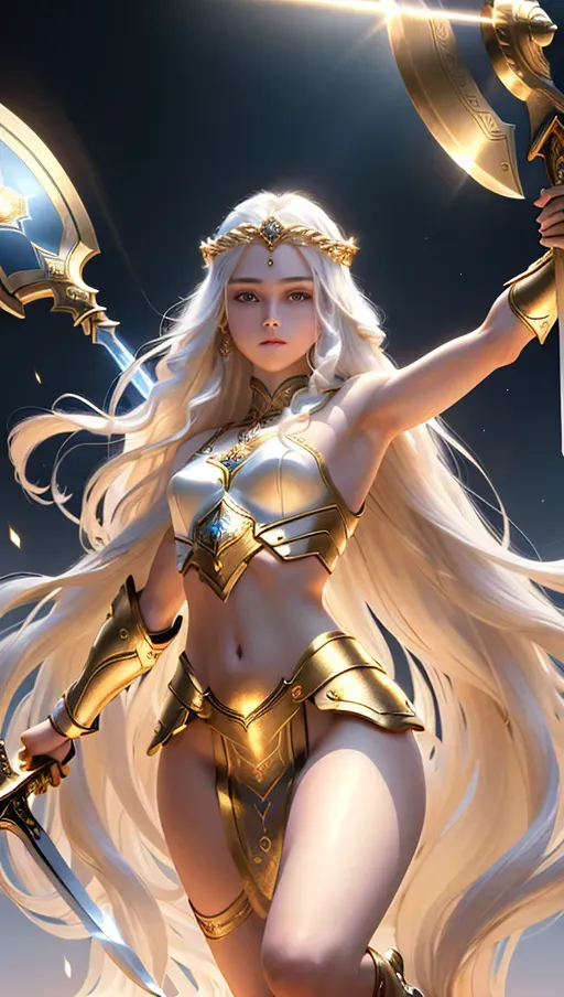 (Masterpiece) 8k resolution, hyper realistic, beautiful face, slim body, small breast, goddess, view of full body, light complexion, sexy,
White long hair, gold jewelry, gradient background, perfect lighting, deity, holding sword, holding shield, multiple arms, 4arms