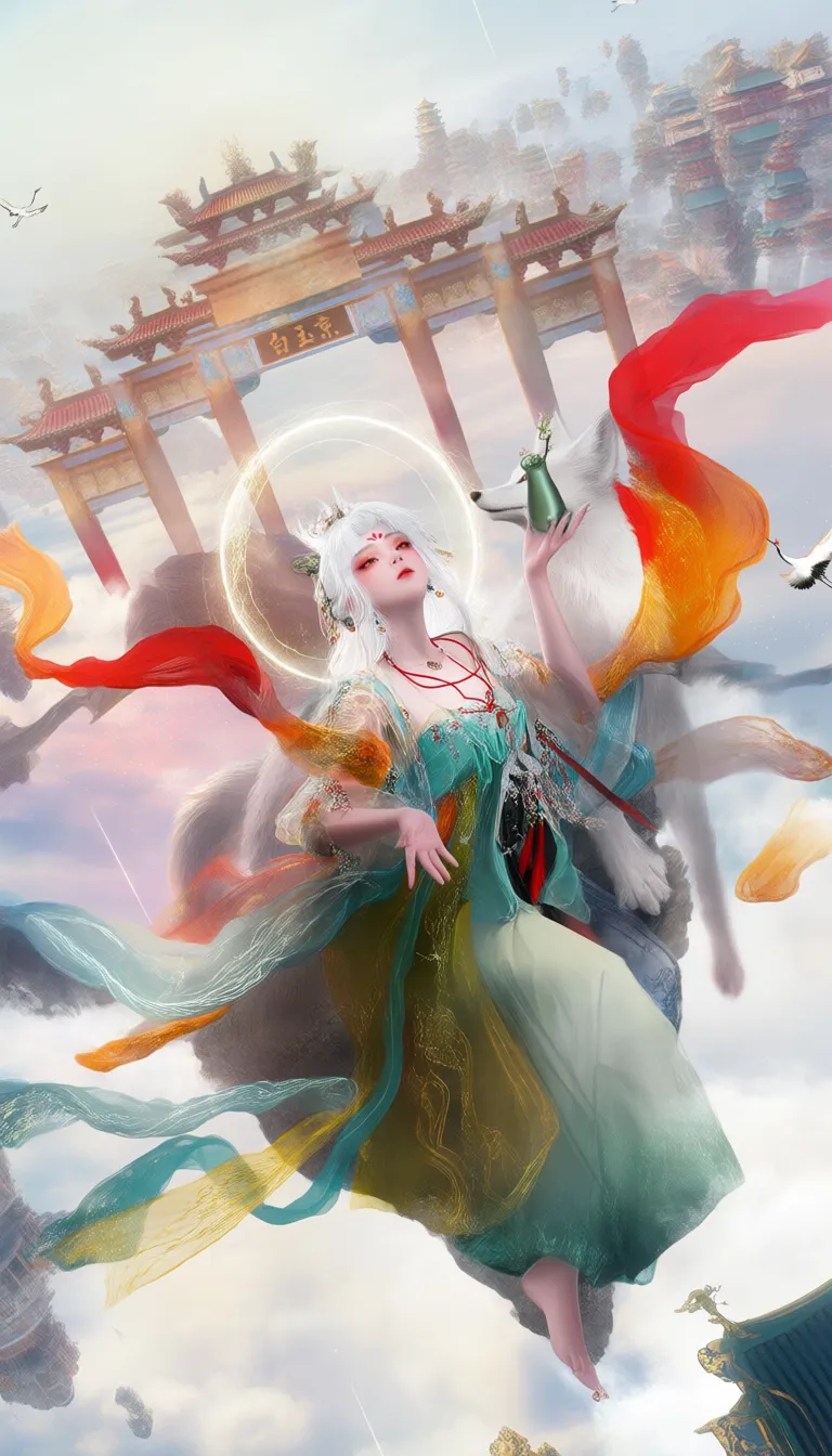 仰视构图,古风,
(女孩,她有一头白色长发,脑后有一道虚幻的光圈,她脸上画着精致的妆容,红色眼影和口红,眉心点缀着红色花钿,穿着色彩绚丽制式繁复的半透明纱质对襟汉服,双襟落至手腕处,露出双肩和上半乳房,外面装饰精美饰品,红绳项链,披帛从绕过身体,席卷天空,
她双足赤裸,踮起脚尖,站在虚空中,她脑袋微微上扬,露出下巴,表情清冷,以居高临下的目光看向观众,
她伸出左平放在腹部,掌心向上,掌心上有一只深绿色小瓶,瓶口露出一只树芽,
她伸出右手放在一只狐狸的头上,狐狸是白色的巨大狐狸,它站在女孩身后,)
远处背景是悬浮在云端的巨大中式牌坊,上书“白玉京”,牌坊后更远处的天边则是大大小小悬浮的阁楼殿宇,与飞行的白鹤,天空有流星划过,