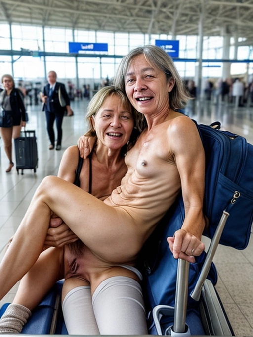 a naked middle aged lady, realistic face, is getting her vagina licked by her girlfriend in a crowded airport