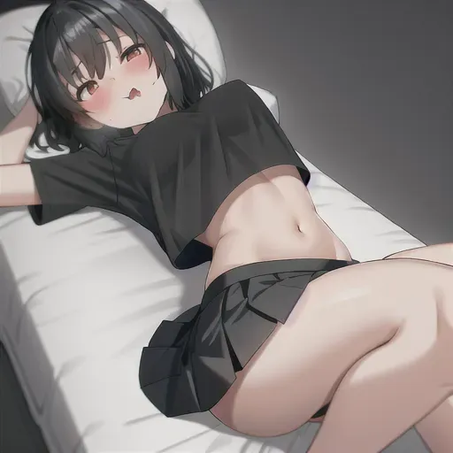 wide shot, 1girl, fit, on her knees, very short skirt, crop top, black clothes, see through clothes, on the bed, view from the front, medium hair, sunrise, happy, 20 years old, blushing, riding a pillow, moaning face, dpmg_ahegao_v1, tongue out, mouth wide open, underboob