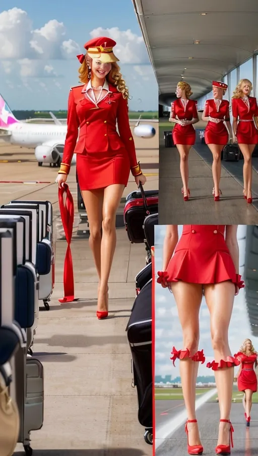 A very tall, gorgeous, slim and curvy, young happy teen flight attendant, walking outside and airplane, red uniform and cute flight attendant hat, frilly, stilettos, long curly blonde hair in a ponytail, (((very long longest legs))), makeup, opulence, earrings, tanned, red neck ribbon, fit and toned