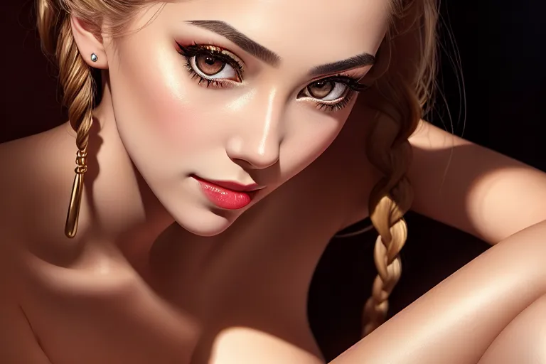 a oil painting of,zero two,naked,sitting,at the party,natural breasts,five slender fingers,braids hair,charming face,beautiful lips,detailed large eyes,curved eyebrows,curved eyelid,pale skin,satisfaction,wearing golden ring,professional,bokeh,surreal,highly detailed,studio lighting