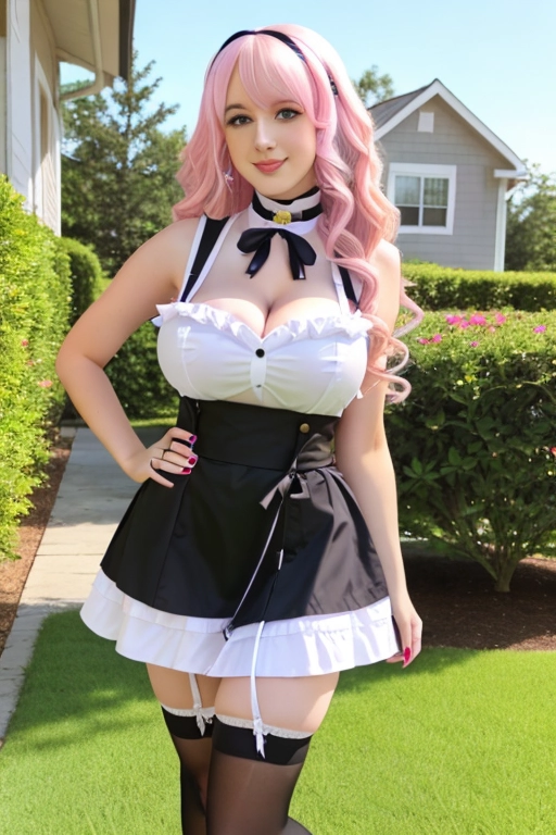 long hair, pale skin, pink hair, blue eyes, black choker, giant H-cup breasts, wavy hair, maid uniform, smiling, full body photo, 28 years old, miniskirt, cleavage, high heels