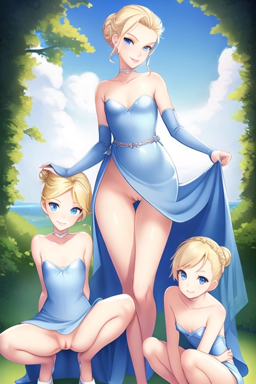 Disney princess, slender,skinny, blonde hair up in a bun, sexy blue eyes, soft cheeks, full lips, happy smile, curvy, small breasts, thin waist, full ass, half naked, removing dress, showing pussy, aroused, squatting,facing the camera, looking at the camera