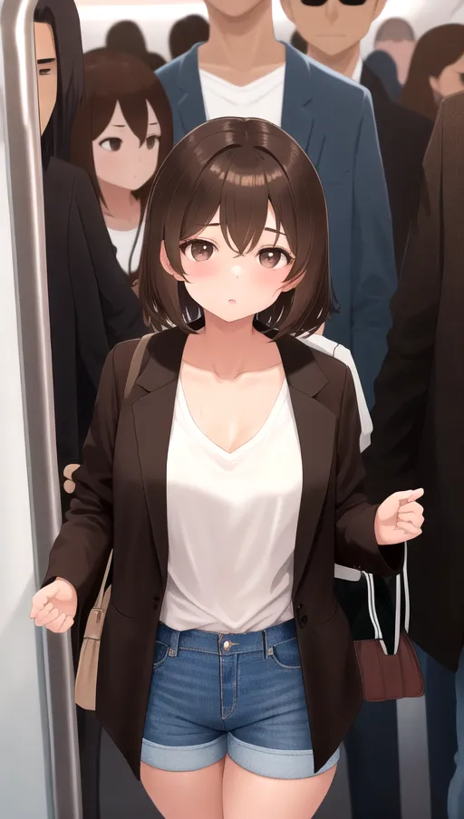 1girl, young, loli, short brown hair, brown eyes, in a city, on a crowded train, black v-neck shirt, no bra, brown jacket, skin tight jean shorts,