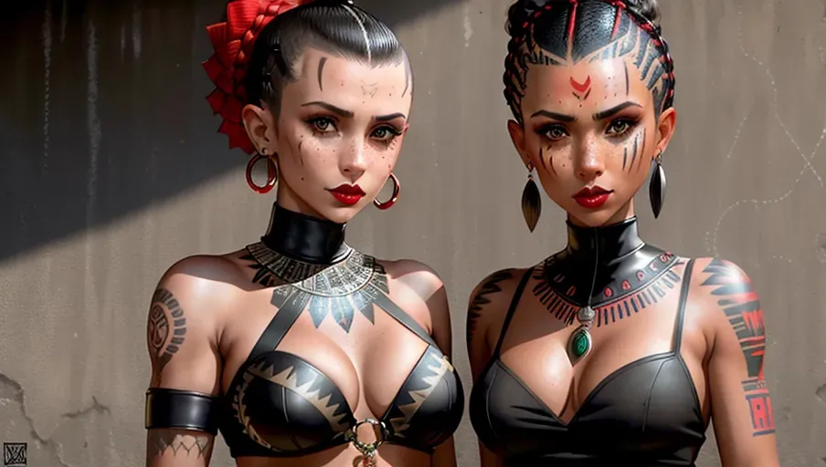 millie bobby brown and meghan markle,aztec girls with shaved heads, dark black and red tribal tattoos, black lips, black eye lashes, cleavage, green eyes, bloody from battle, aztec warrior outfit, natural skin texture, slight freckles, graffitti walls, aztec temple location, tiger on a leash