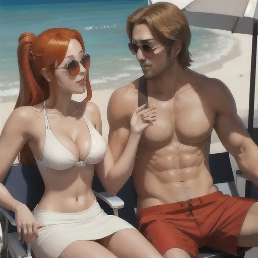 character:inoue orihime, giving a handjob to the man sitting next to her, man sitting next to her, men lined up to take turn, cleavage, on beach chair, short tight tank top, sunglasses, g string, butterfly hairpin, hard nipples,