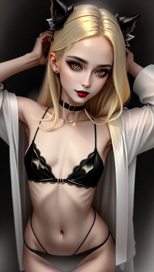 cute skinny blonde girl, wearing loose silk robe, black lace bra, arms up pose looking into the camera, choker, lace cat ears, lace panties,
8k resolution, hyper realistic,
(Masterpiece), (high resolution), (high definition), (beautiful details),
(perfect lighting),
((skinny)), ((slim body)), ((small breasts)), petite, thigh gap,
(light complexion),
realistic beautiful detailed face, showing her fangs, sparkling teeth,
Long lashes, black eyeshadow, black lipstick, soft puffy lips,