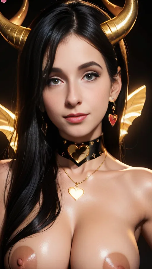 best quality, (((ultra high res))), (detailed face and eyes), hearts, perfect face, big choker, golden earrings, jewelry, ((face closeup)), glowing heart, golden heart necklace, black hair, topless, succubus, horns, big heart pasties, straight hair