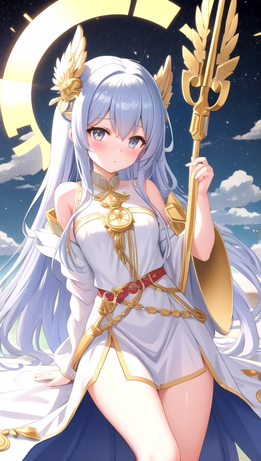Athena, the Goddess of Wisdom as a preteen loli, her childlike features framed by a gleaming silver helm, Her delicate frame is draped in flowing white robes, cinched at the waist to accentuate her slim figure, golden owl on her shoulder, holding a spear, Fierce grey eyes regard you with a calculating gaze, betraying an ancient wisdom beyond her tender years, golden Greek helmet tilted up