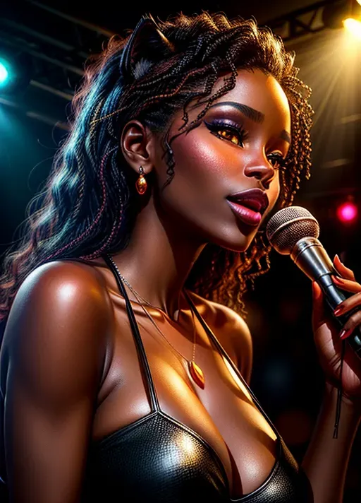 a photograph of, a beautiful black woman lit by spotlights is singing with a band in a cosy jazz club in front of a captivated public, she wears a long black slit dress with a deep neckline, ruby necklace, she is using an old jazz microphone on a long stand, anthro panther, yellow eyes of feline, beautiful face, highly detailed face, beautiful lips, detailed skin, perfect skin, <lora:dpmg_add_detail:1.6>, crowded club, dimmed light in the club, highest quality, highest resolution, photorealistic, photorealism, masterpiece