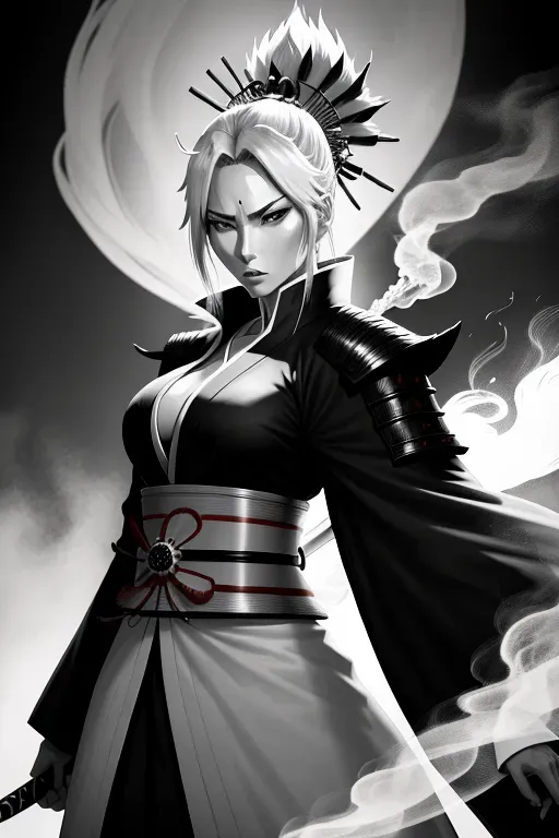 A beautiful samurai woman from the anima cartoon (Bleach), serious face, black and white coat, smoke coming out of samurai sword, 8k, lighting,highly detailed