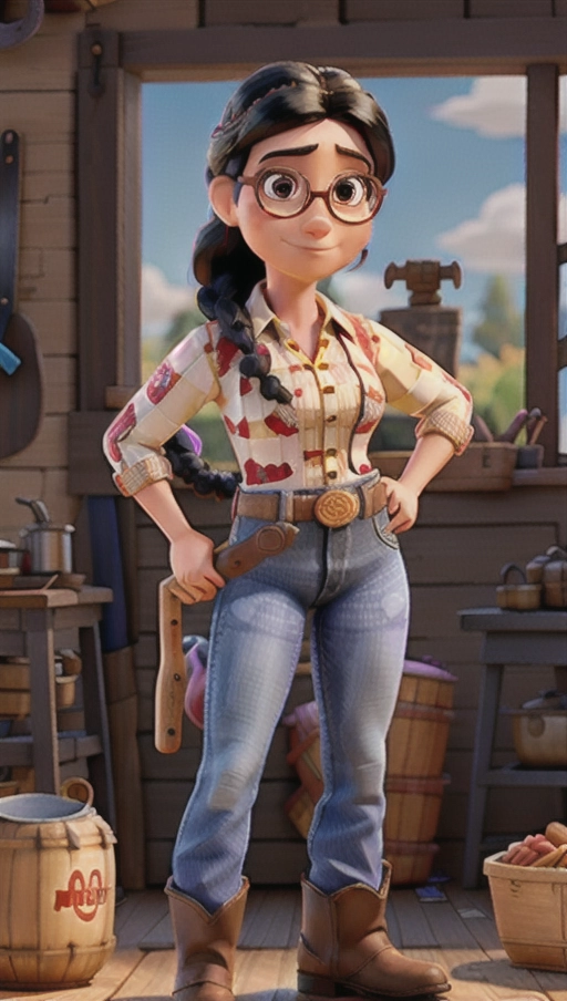 A cowgirl wearing Jessie from Toy Story clothes and holding a hammer in her right hand, black hair, braid, glasses, black eyes, tall, blacksmith workshop