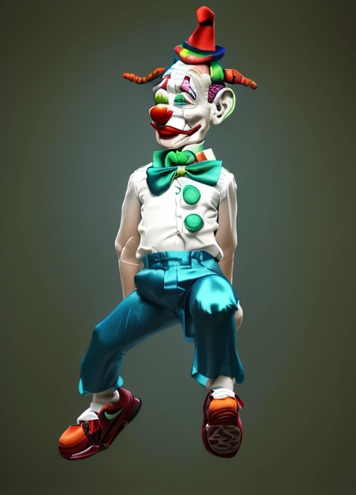 a photo realistic dancing clown ,his face is realistic,the face is anatomically correct ,his hands behind his back ,he is wearing nike running shoes ,his face is a natural skin tone ,he is not wearing white makeup he is wearing a blue silk shirt ,he is wearing a large green bow tie,his shirt buttons are very large ,he looks like Joe Biden