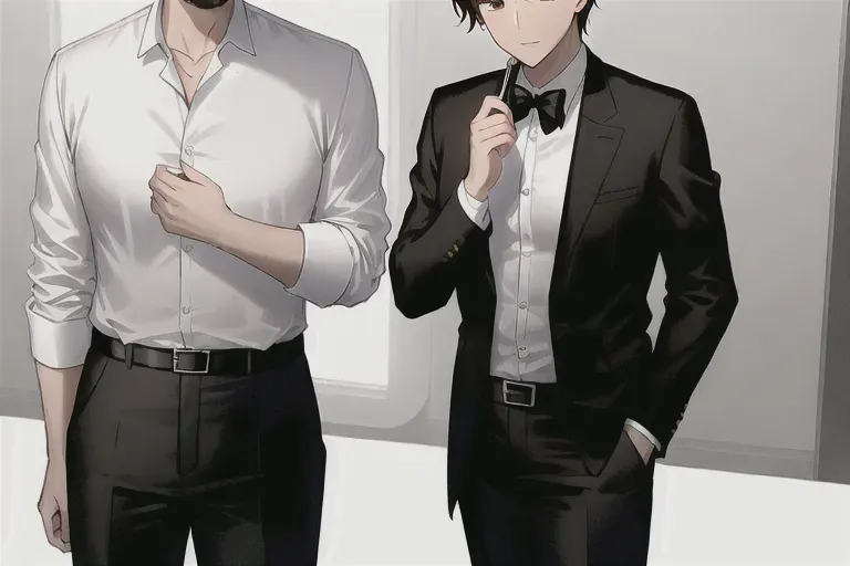 man,dark brown hair,dark brown eyes,sharp eyes,white shirt,black trousers,standing