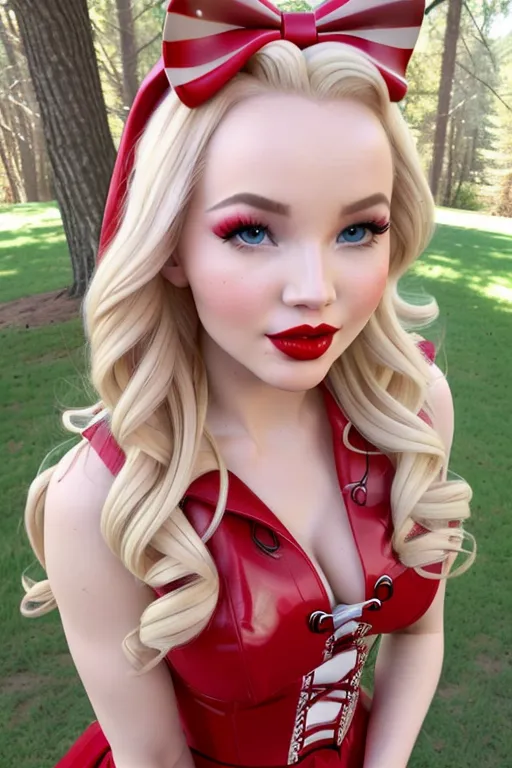 Dove Cameron as little red ridding hood, (((beastiality))), best quality, blonde hair, ((large gorgeous eyes)), ((beautiful big red lips))
