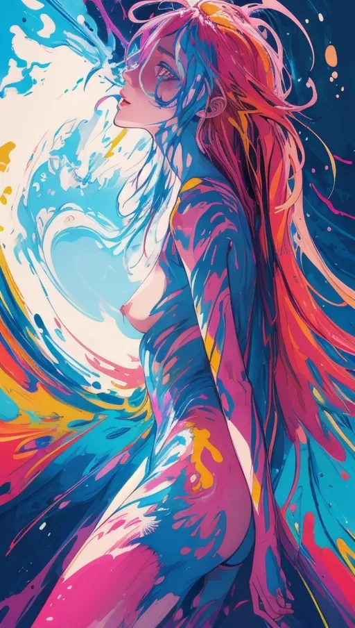 (Best quality), (super colorful abstract portrait of a woman with naked nipples),
(correct anatomy, slender and toned), (large beautiful eyes looking at viewer relfecting the sky:1.28), (close up profile view of cute blushing face with happy expression:1.17), beautiful thin lips,
Energetic and seductive, (abstract colour explosion with high levels of dynamic and saturation, paint splatter:1.2), hyperrealistic skin,
<lora:QlWbD9eLxyo_shenhe_realistic:0.15>,
soft focus, sharp and clear image, (flat shading stylised colorful art:1.17), <lora:dpmg_add_detail:0.25>, (physically based ray-tracing, photon mapping), (high resolution masterpiece), big woman, side view