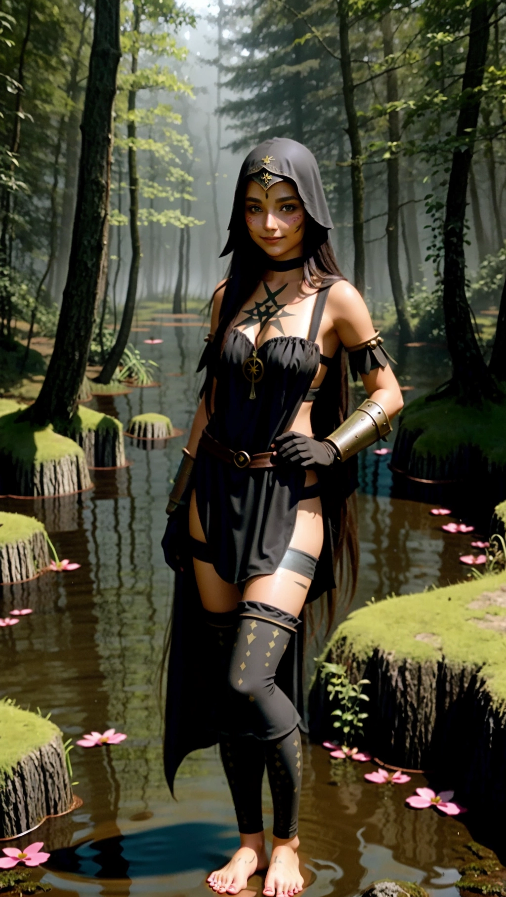 full-body image of a fit tan thin beautiful barefoot German adventurer woman with long hair wearing medieval adventurer attire while exploring a foggy swamp, (beautiful petite feminine feet: 1.2), (barefoot: 1.3), (wearing black medieval adventurer attire: 1.2), (long dark hair: 1.2), (German woman: 1.3), (foggy swamp: 1.3), (black toenails: 1.2), (gloves: 1.2), (tights: 1.2), (magic markings on feet: 1.4), (sassy smirk: 1.2),