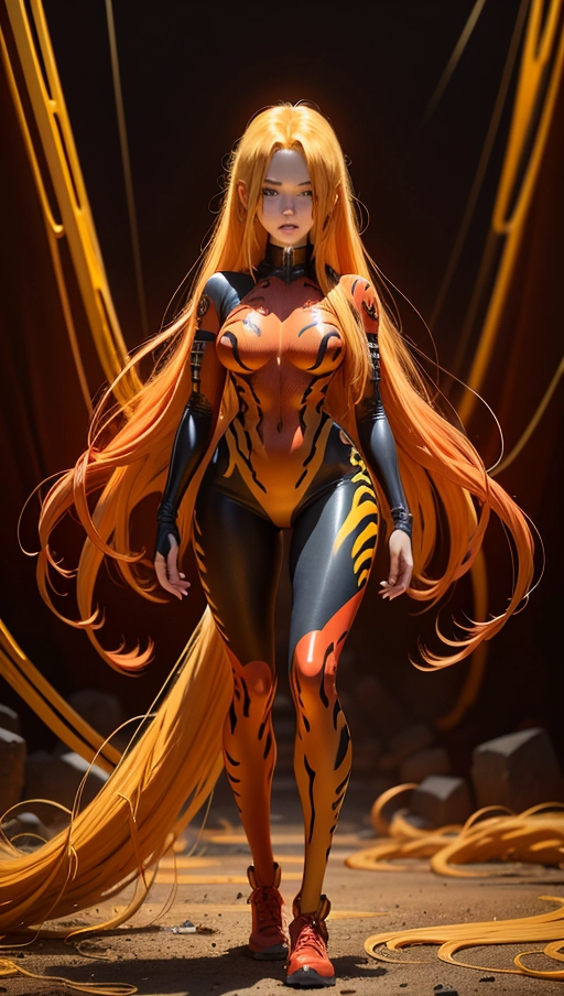 red and yellow female symbiote, hair-raising symbiote, (red and yellow symbiote goo), red long hair with yellow strands, ((red and yellow symbiote suit)), (((yellow hair strands)))