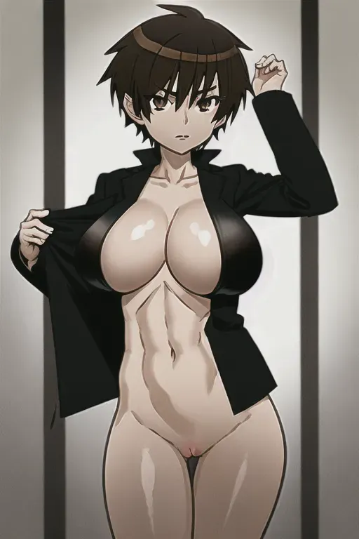 A naked girl with a black jacket and short, brown hair, big tits, anime,