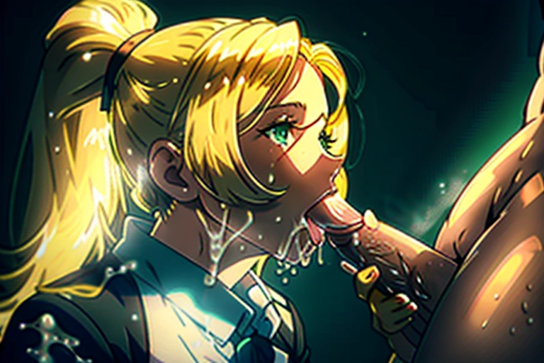 woman on her knees sucking the penis of a man standing next to her, blonde hair, ponytail, (office outfit), breasts out, ((muscle, muscle body, fit, fitness, abs), green eyes, full body, seen from side-details, (cum in mouth:1.5), perfect mouth, perfect vagina, perfect penis)