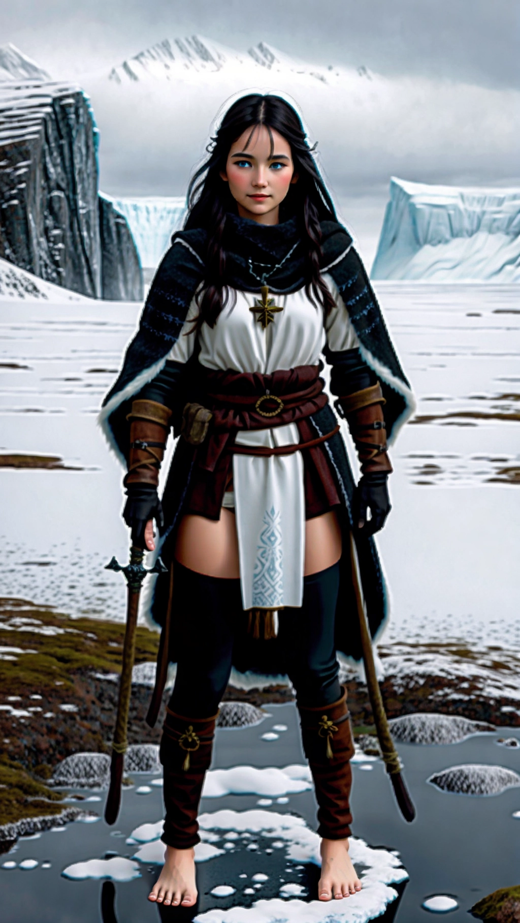 full-body image of a fit tan thin beautiful barefoot German adventurer woman with long hair wearing medieval adventurer attire while exploring an icy tundra, (beautiful petite feminine feet: 1.2), (barefoot: 1.3), (wearing black medieval adventurer attire: 1.2), (long dark hair: 1.2), (German woman: 1.3), (icy tundra: 1.3), (black toenails: 1.2), (gloves: 1.2), (tights: 1.2), (enchanted feet: 1.3),