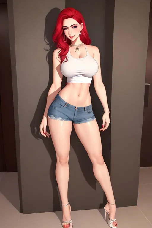 Full body picture of a sexy 20 year old very short pale Arabic shemale with a erect foot long dick, loose and open jean shorts with a white tank top over very large perky breast and small nipples, mouth open and long bright red hair and dark eyes, drooling