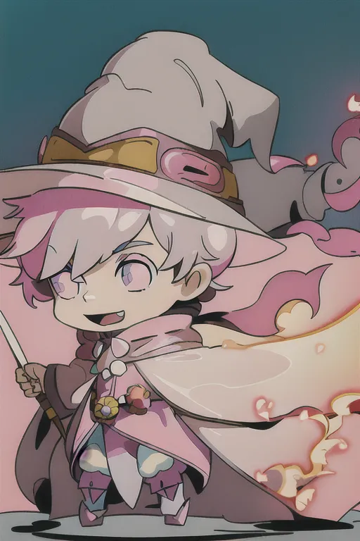 ghibli style, best quality, highly detailed , wizard male, pink hair color, medium shaggy hairstyle, pink wizard hat and flowing cape, light grey eye color starry look in eyes, elements of fire showing, chibi cute style, exciting happy mouth open expression ((masterpiece)) ((masterpiece)) <lora:dpmg_ghibli_style:0.92>