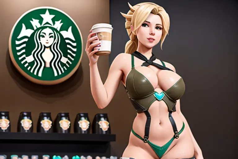 mercy overwatch wearing a small green Starbucks apron only covering her boobs and vagina while holding a coffee, standing, no bra, large breasts, wide hips, big ass, big boobs, small waist, high detail, high quality, background is coffee shop
