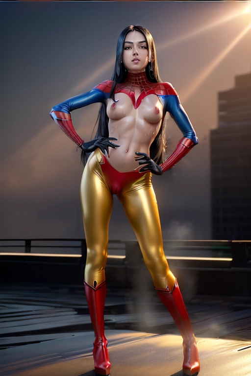 (photorealistic:1.4), (masterpiece:1.4), (best quality:1.4), ultra high res, bokeh, ((detailed facial features)), full length professional photograph of beautiful 22 year old Malaysian female
dressed in glossy figure hugging high cut red and blue ((Spiderwoman)) bikini costume, slim athletic body, long shapely legs, ((((small breasts)))), high heel yellow boots, ghost nipples, prominent cameltoe, six pack abs, long black hair in ponytail, ((body shining with sweat))
outdoors on the roof of a skyscraper, ((standing face on in wide stance, both hands on hips, challenging the viewer))
(best quality), (((extremely accurate faces))), <lora:dpmg_add_detail:0.7>, (high resolution), (((masterpiece))), (uhd), (8k),