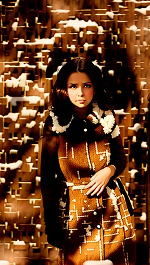 A brown haired Russian girl, big boobs, snow background, big eyes, sad face,