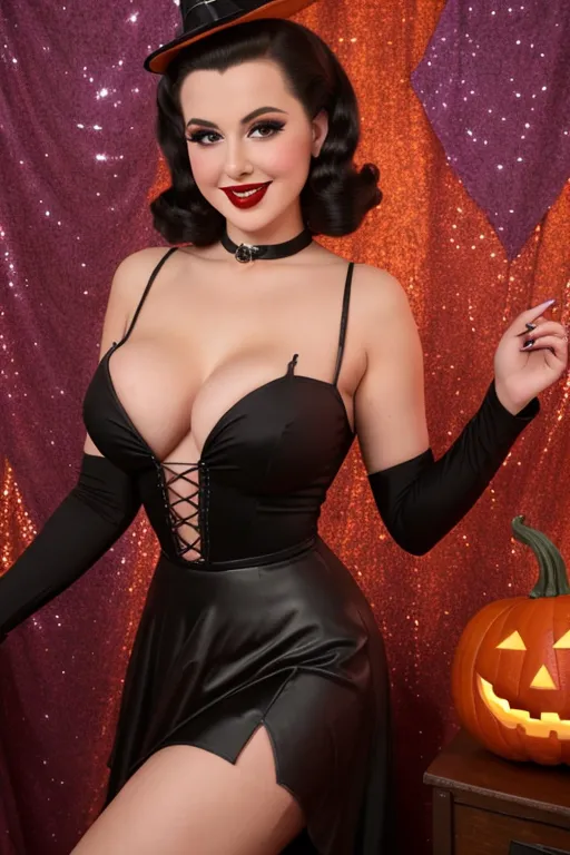 Full color, Halloween, gorgeous witch, cauldron, warm sexually welcoming smile, closeup, 1940s style pinup hairstyle and makeup, looking into the camera lens, deep plunge sweetheart style navel revealing neckline, cleavage, miniskirt, sexually aroused, Halloween decorations,