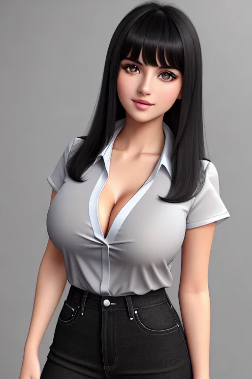Gorgeous young European woman, large perky tits, black hair, bangs, cute young face, light-colored eyes, sexy, transparent shirt, photorealistic, best quality, ultra high resolution, extremely detailed face