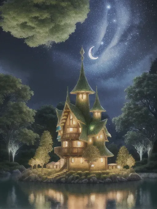 best quality, highly detailed, anime elven tree house village in the forest next to the lake, floating sparkling magical lights glowing in the night, dark night with crescent moon, perfect figure, absurd resolution, highly detailed background, vivid colors, world lighting, 8k, wallpaper, wide shot,