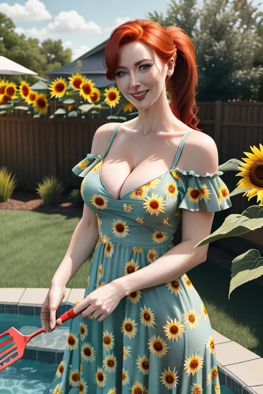 a Soft Lens, Photorealistic photo of a 24 year old woman with pale skin, very red hair, Wearing a G cup, low-cut dress at a charcoal barbecue in a backyard with grass and a pool. There are NO sunflowers in the backyard. The woman holds a spatula. Her hair is in a loose ponytail. Her dress has a sunflower print on the fabric, only on the dress. The backyard is a bright green lawn with a swimming pool. Her sundress is so low cut, it shows a lot of cleavage. Her sundress has ruffled cap sleeves which cover her shoulders. The woman smiles with a mean smile.