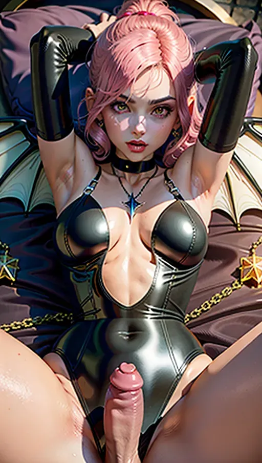 beautiful, masterpiece, best quality, extremely detailed face, perfect lighting, ((1girl)), solo, ((<lora:dpmg_imminent_fuck:0.9>)), ((1boy)), penis, imminent penetration, lying, on back, spread legs, pov, leg grab, Victoria justice succubus, female succubus, magic love spell, pink glowing heart, heart necklace, choker, succubus wings, succubus tail, latex bodysuit