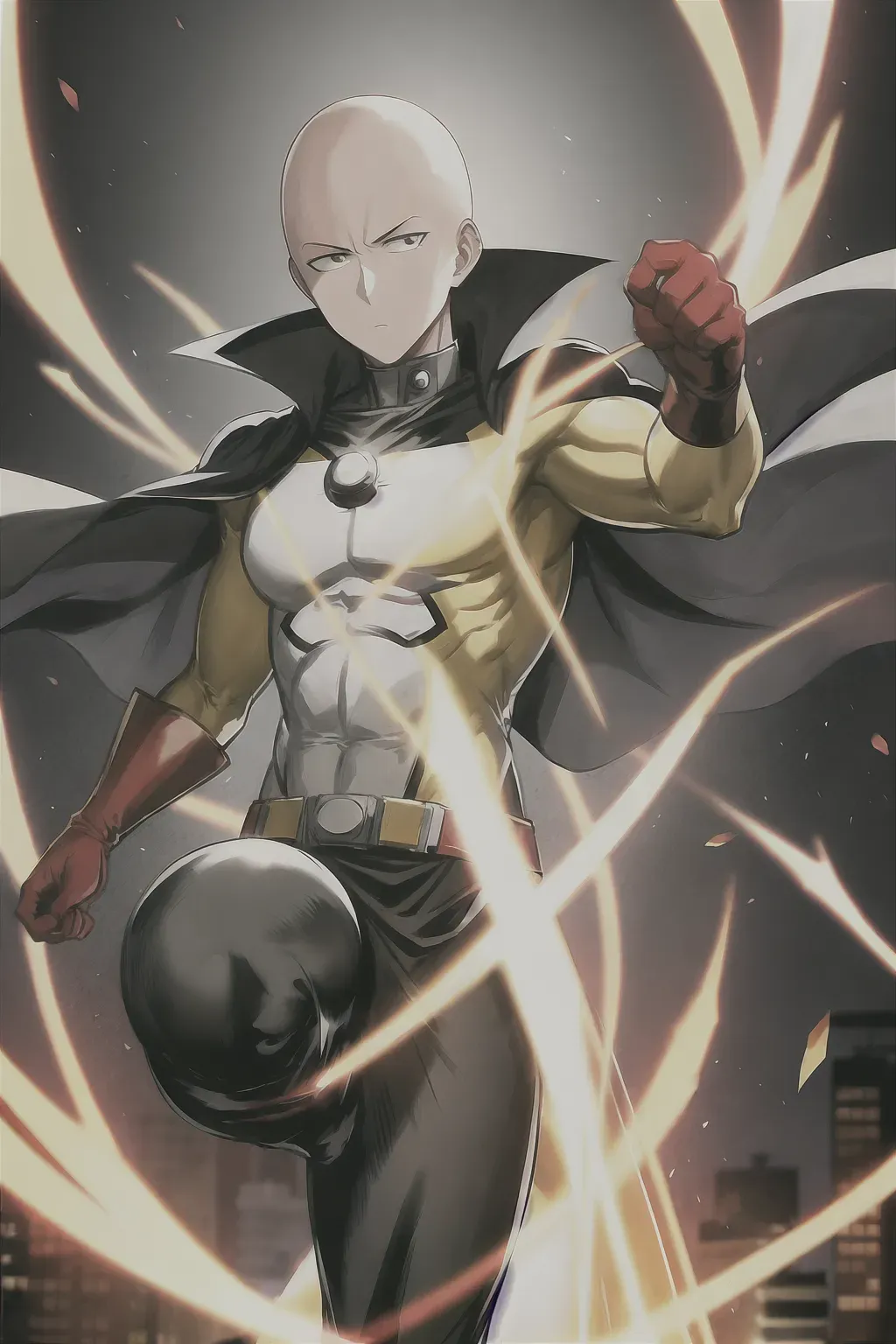 Dopamine Girl - One punch man, anime, bald head, 8k wallpaper, black eyes,  best quality, ultra hd, global lighting, hi-resolution, high quality,  yellow costume, white cape, red gloves, red boots, fighting stance