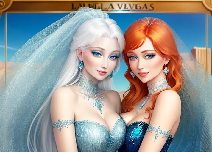beautiful auburn haired Queen Anna in green and her platinum haired Sister, Elsa, in blue, with their beautiful sapphire eyes, visit dazzling Las Vegas. Their warm sweet smiles brightening every day.