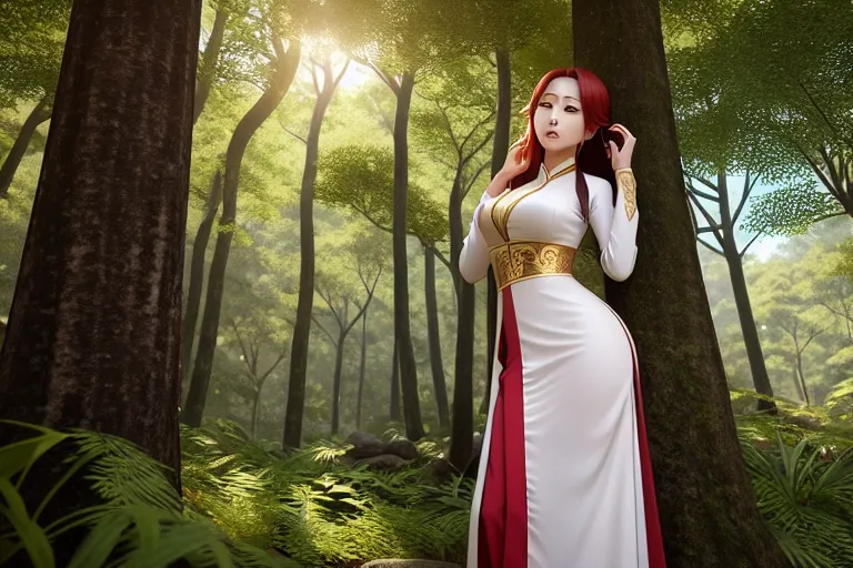 a photo shot of,inoue orihime,wearing ao dai,arched back pose,in the forest,small breasts,five fingers per hand,wavy curtain bang,gorgeous face,beautiful lips,curved eyebrows,curved eyelid,smooth skin,tattoo,ultra realistic,highly detailed,artstation,8k,editorial