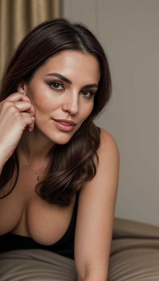 Nationality - French,
Age - 24 years,
Skin type - fair with a subtle tan,
Hair color - chestnut brown,
Hair style - elegantly pinned up with loose strands framing her face,
Face features - defined cheekbones and a confident expression,
Eyes - green with a mischievous sparkle,
Mouth - a soft, knowing smile,
Nose - refined and well-proportioned,
Clothing style - a sleek, tailored tuxedo in black, challenging traditional norms with elegance and an edge of defiance,
Location - Parisian hotel bed, with the Eiffel Tower in the soft background glow,
Position and pose - lying with one hand on her breast and the other casually holding a vintage cigarette holder, her body angled slightly to show off the silhouette of the tuxedo,
Emotional expression - a blend of allure and daring independence,
Accessories - a thin black bow tie, cufflinks, and a pocket square,
Make up - minimal, emphasizing her natural beauty and strong features, with a slight emphasis on the eyes,
Tattoos - a small, elegant fleur-de-lis on her wrist, subtly visible,
Camera angle - low, enhancing her towering presence and the majestic backdrop,
Lighting - the last rays of sunset mixed with the early streetlights, creating a halo effect around her and illuminating her features,
Resolution - ultra high resolution, ensuring every detail of her expression and attire is captured,
Camera type - Canon EOS 5D Mark IV, for its superior low-light performance,
Camera settings - ISO 400, aperture f2.8, shutter speed 1-60s,
Focus - on her eyes, with a gradual blur effect towards the edges of the frame, enhancing the dramatic atmosphere, ((((lying on back)))), ((erected nipples)),(beautiful teeth), <lora:dpmg_imminent_fuck:1.6>, ((beautiful breasts)), (((((facial close up)))), ((portrait))