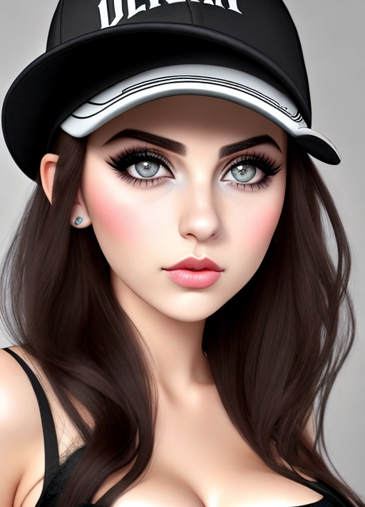 Cute Italian girl, simple grunge makeup, pale colored eyes, big wide eyes, black hair, big lips, high riding huge boobs, gigantic tits, elegant ball gown, baseball cap, photorealistic, best quality, ultra high resolution
