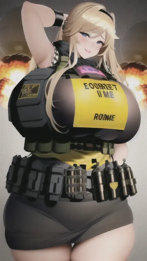 Sexy, pretty, voluptuous (((suicide bomber))), huge breasts, european, blonde hair, (((wearing a big explosive vest))), huge ass, thick thighs, suicide vest, explosive vest, huge breasts, bomb vest, big suicide vest, strapped with explosives, smiling