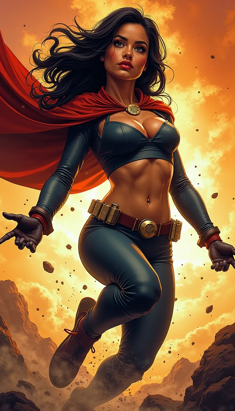 photorealistic and surrealistic film in a comic illustrations style by Mike Deodato,
(interesting unique diverse complex character design that can be a man or woman:1.2),(photorealistic detailed face:1.1),
(classic stereotypical over tuned retro comics body shape and anatomy),
big variation of colors , smooth pencil brush to create a composition of vivid colors, thick black outlines, flat shading, minimal highlights ,interesting detailed Foreground and background depth are clear giving visual complexity to the scene,
(dynamic diversity of different angles with dynamic distance to person to create a powerful dramatic cinematic intense action image as our hero uses their supernatural powers:1.3),
(Our hero is a heroic brave confident attractive woman in their mid twenties:1.1), (the hero´s Ethnicity origin is fully random and representing a blend of all types of global human diversity:1.2), (interesting diverse hair color that matches the person´s origin and personality ),
(human hands with five fingers per hand),(toned athletic stomach), skin is slightly glistening with sweat,(makeup matches the person´s personality),
Our hero is in a dynamic pose depending on what the person is doing,
interesting random diverse renown famous places in the world with dynamical correct detailed background with correct interior or exterior) ,
person is wearing functional heroic clothes that fits the person´s personality and the activity the person is doing, (the persons outfit can have multiple layers of clothing),
Person’s face expression is dynamic and fits the mood and scene the person is in,
(avoid all types copyrighted iconic logos icons brands)
