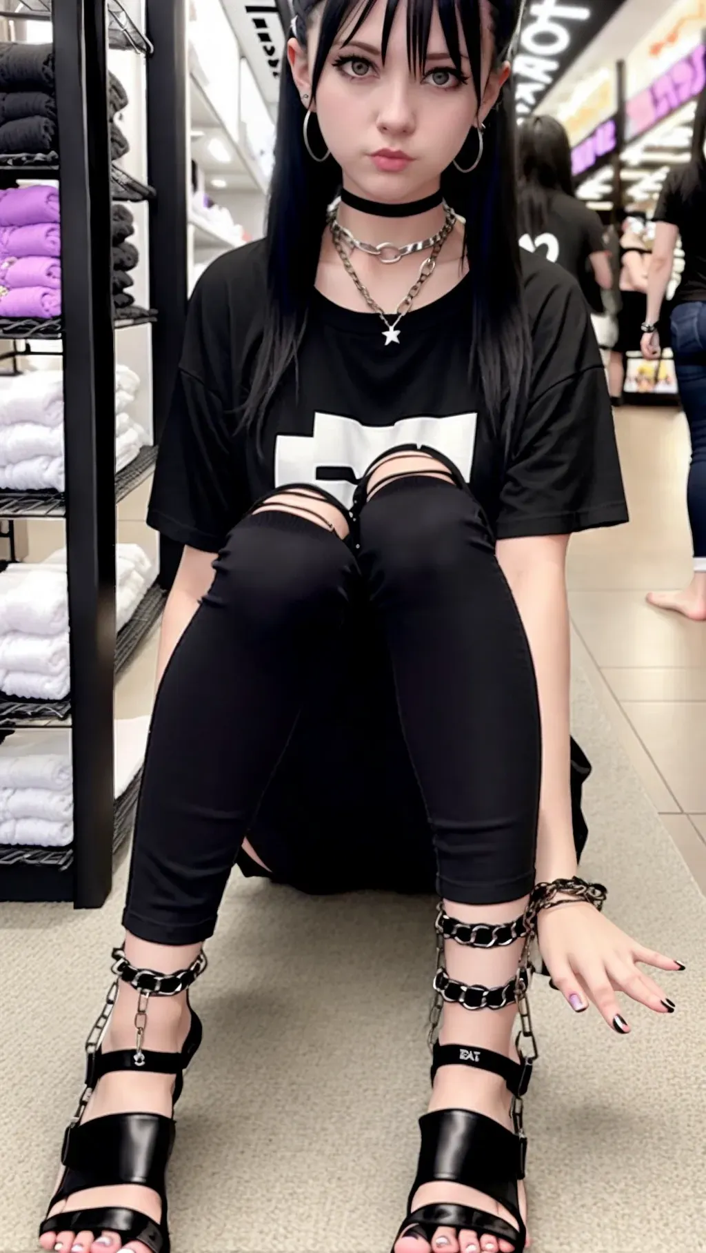 adult barefoot white-skinned punk girl with dark hair wearing a black t-shirt and wearing long black jeans and wearing fingerless gloves and wearing a choker and wearing chains and wearing toeless socks while in a crowded clothing store inside a public mall, bare feet, black nipples, toes, adult girl, long jeans, barefoot, barefoot, barefoot,