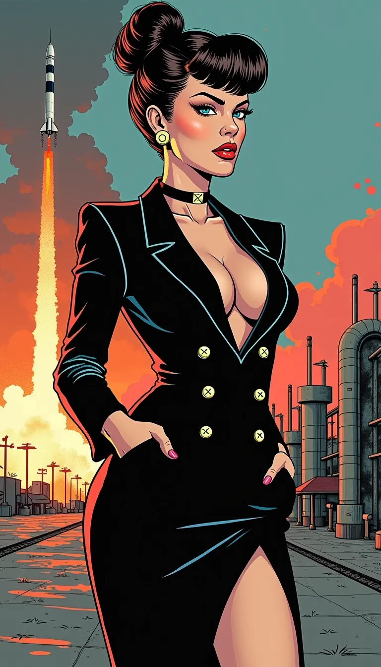 Holly Goodhead, slutty MIB silhouette, high-slit pencil skirt tight as betrayal, blazer barely buttoned under the bust line revealing sharp, sculpted cleavage like a secret unholstered, plunging neckline with nothing beneath but implication and agency, glossy black stilettos clicking like countdowns, no weapon in sight, her body is the threat
hair slicked into a severe top-bun coiled with military precision, tension visible in every strand, three intentional flyaways breaking formation, subtle highlights glinting through dark chocolate strands, thin wisps of warm light brown catching firelight and dusk glow, a crown of control with just a whisper of rebellion
glossy plump lips like classified intel, dark rose high-gloss finish, disgusted smirk hiding six murders and a motive, future noir femme fatale, espionage elegance wrapped in visible brush strokes, hand-drawn graphic novel style, thick ink lines, halftone shadows, stylized lighting mid-scene, posture sharp as a court summons, fashion as threat vector, visible tension in linework, noir retro-futurist palette
set at dusk, deep blue and orange gradient sky, sodium lights flickering on brutalist launch pad architecture, rocket launching in the background trailing smoke and fire into a dying horizon, dramatic light flaring behind her legs, silhouette cut by shadows and heat distortion, wind from the ignition pulling at skirt fabric and loose strands of hair, face lit from below by flame-glow, reflected light dancing on lip gloss and collarbones, debris in the air catching light like shattered code, she doesn’t look back
hand-drawn comic illustration, thick ink outlines, halftone shading, visible brush strokes, stylized light, posture mid-scene, key features outlined for drama, fashion with visual storytelling, glitter or grime as mood accents, emotion rendered in line weight