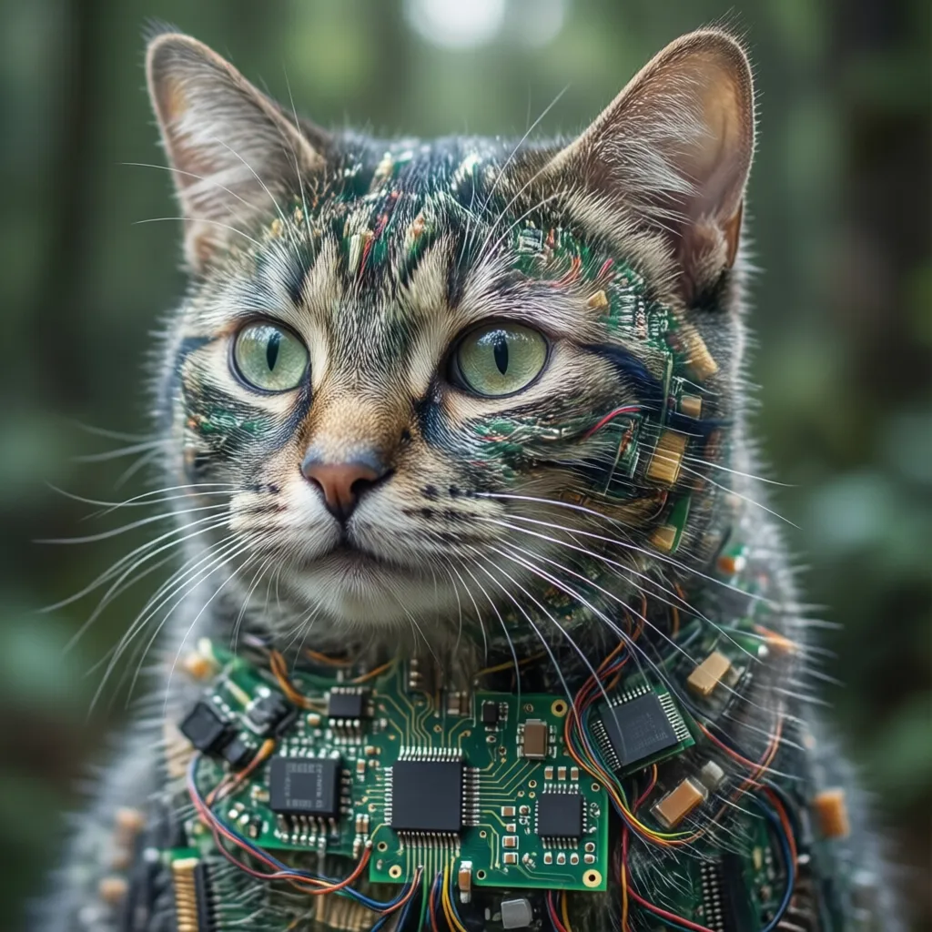 Transparent cat, we can see the inside made of electronics, wildlife photography, shallow depth of field