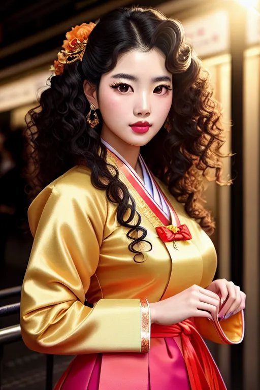 a color pencil draw of,bae suzy,wearing hanbok,doing sexy pose,in the london underground,five fingers per hand,curly hair,beautiful face,beautiful lips,detailed large eyes,curved eyebrows,curved eyelid,textured skin,romantic,wearing golden ring,sharp focus,studio lighting,cinematic lighting,bokeh,surreal